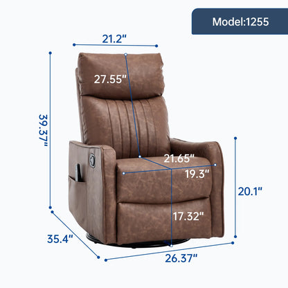 Brown recliner chair with dimensions labeled on a white background