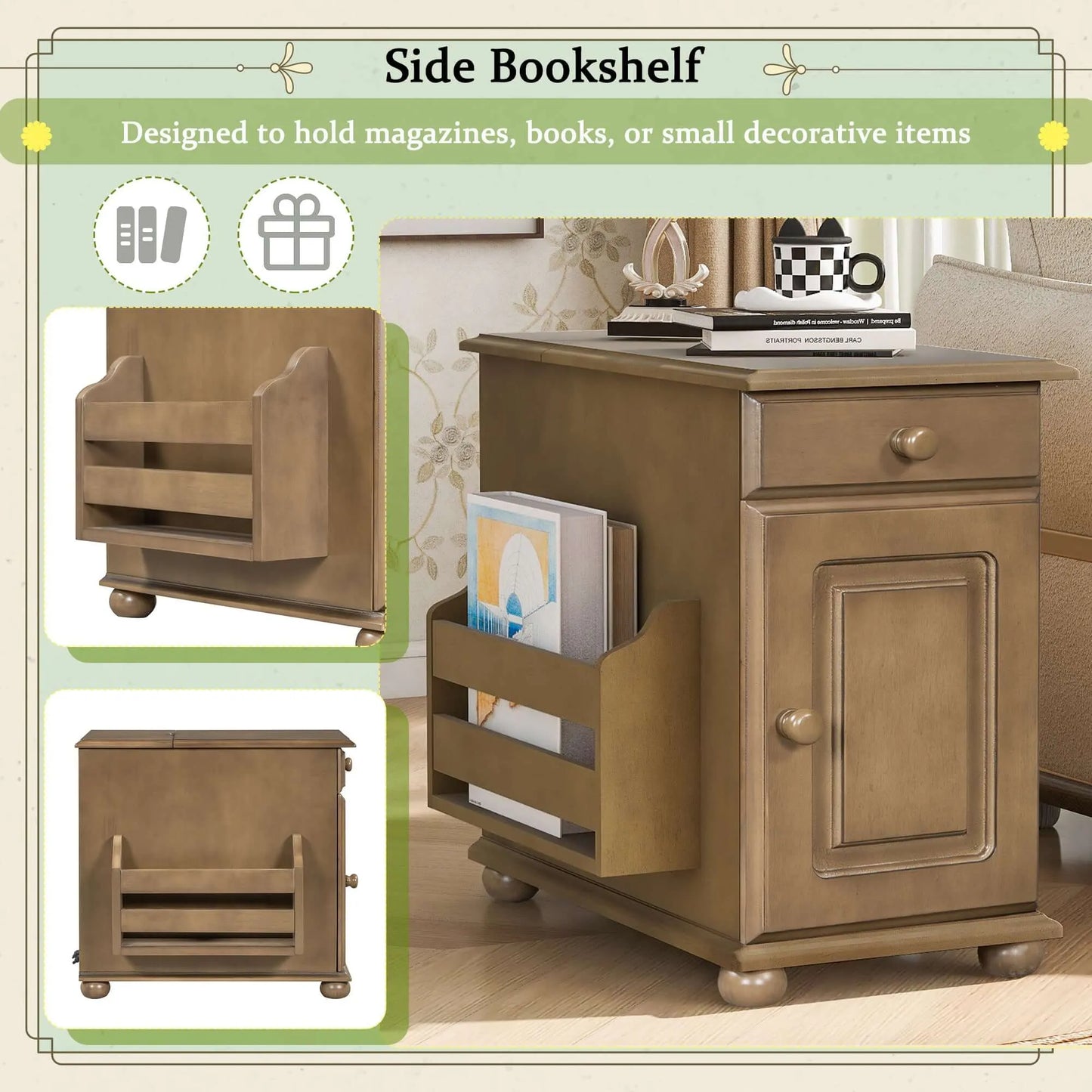 Brown end table with magazine holder and small cabinet, designed for holding magazines, books, or decorative items.