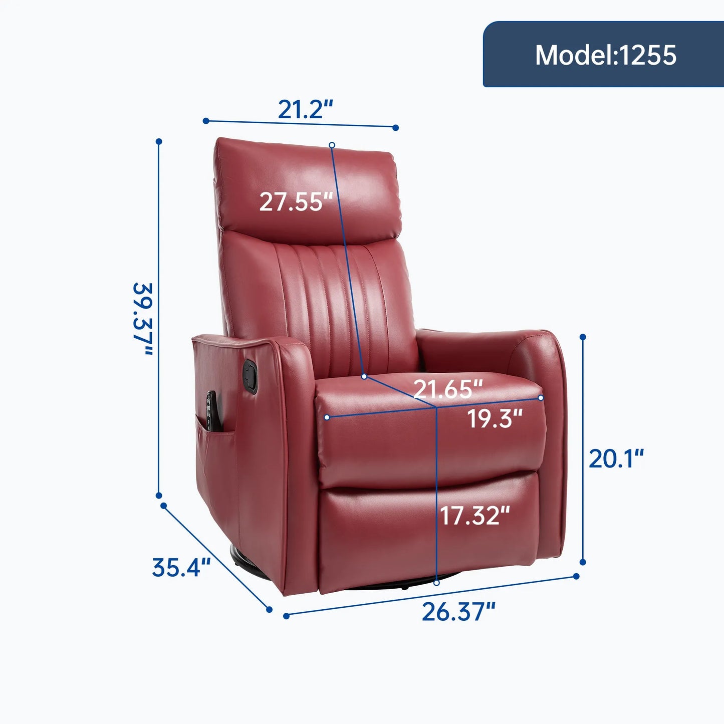 Red recliner chair in upright position with dimensions marked on a white background