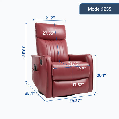 Red recliner chair in upright position with dimensions marked on a white background