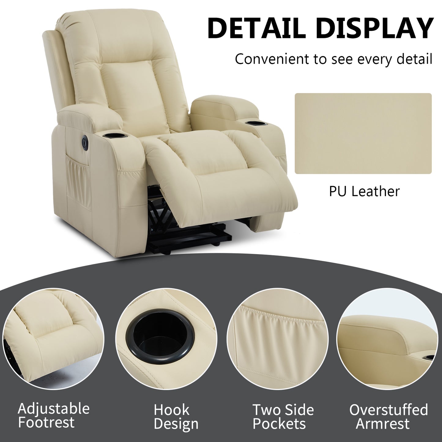 350 LB Power Lift Recliner w/ Massage, Heat, USB, Cup Holders-Beige