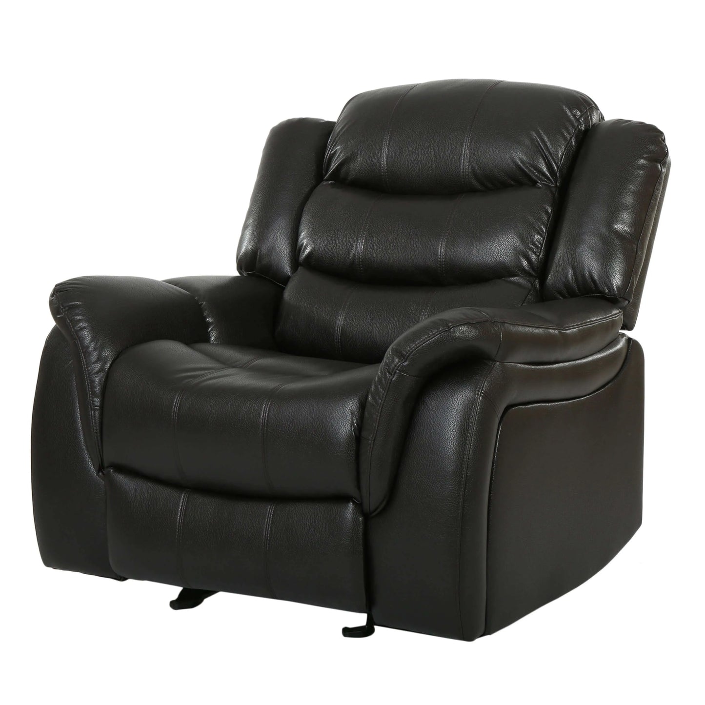 Front left angle front view of a black faux leather glider recliner chair on a white background