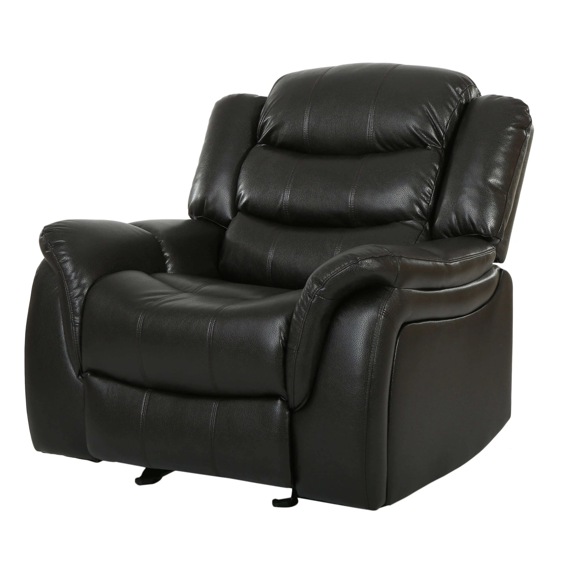 Front left angle front view of a black faux leather glider recliner chair on a white background