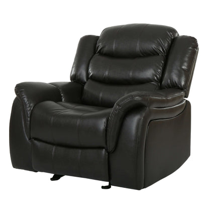 Front left angle front view of a black faux leather glider recliner chair on a white background