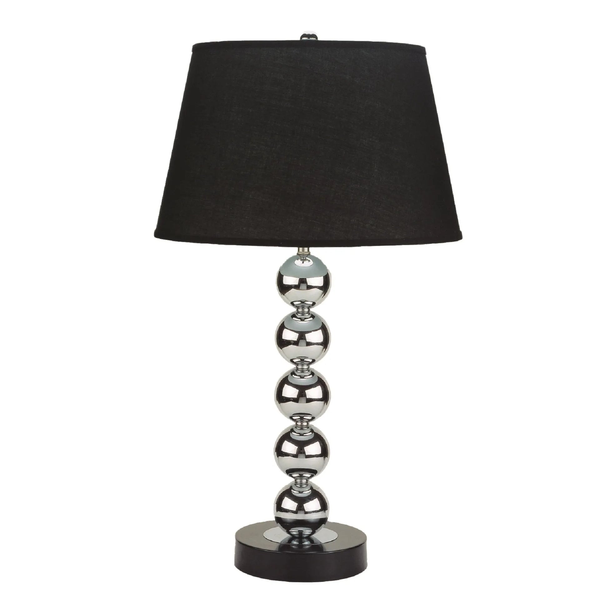 Table lamp with a black shade and silver metallic base on a white background