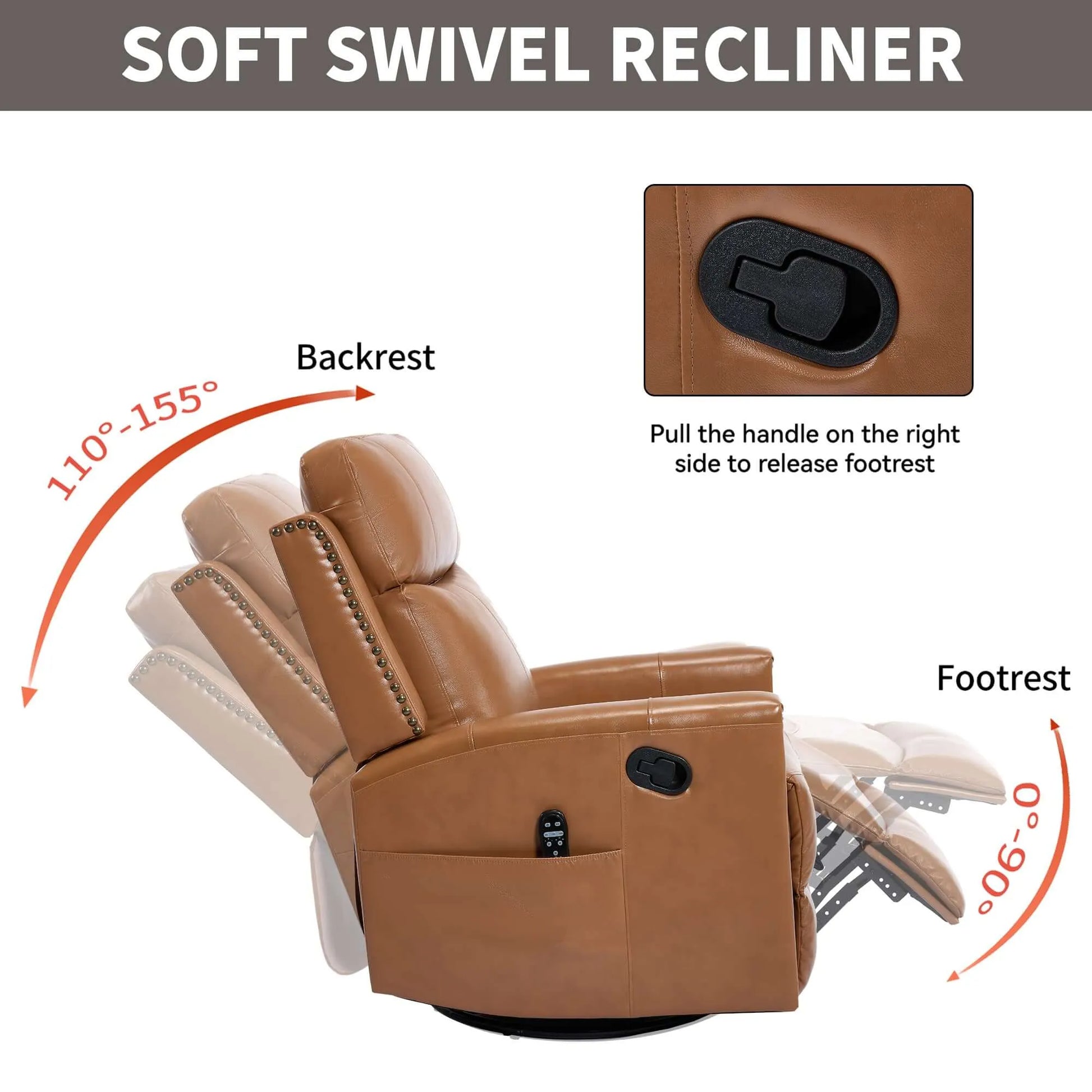 Brown soft swivel recliner chair with labeled features on a white background