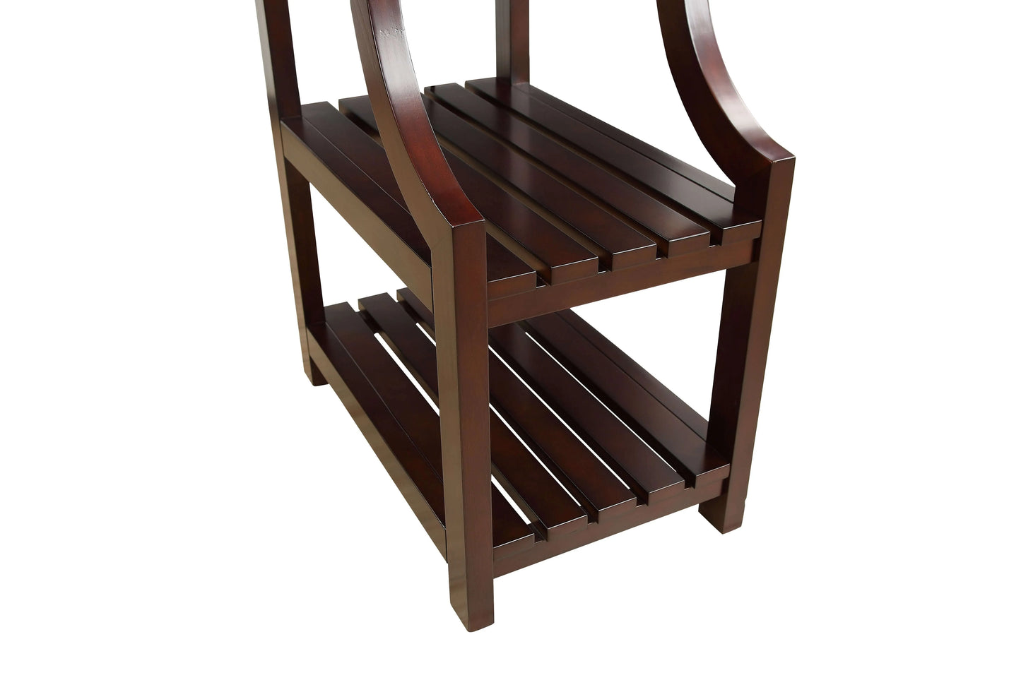 Wooden end table with a slatted design on a white background