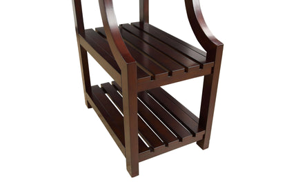 Wooden end table with a slatted design on a white background