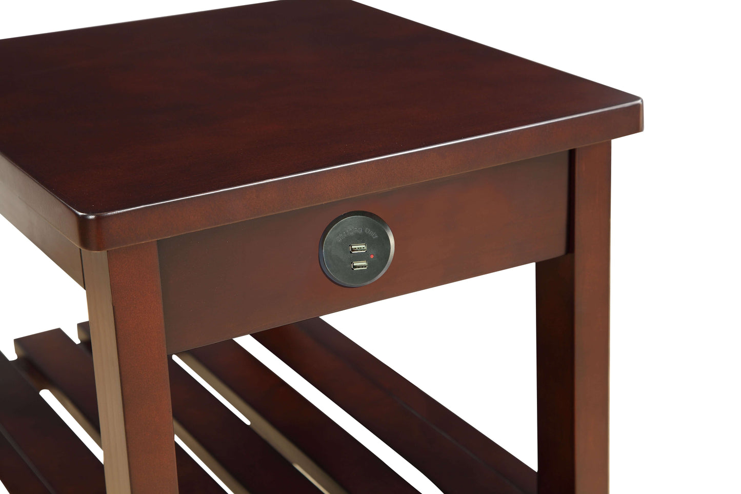 Wooden side table with a USB port on a white background