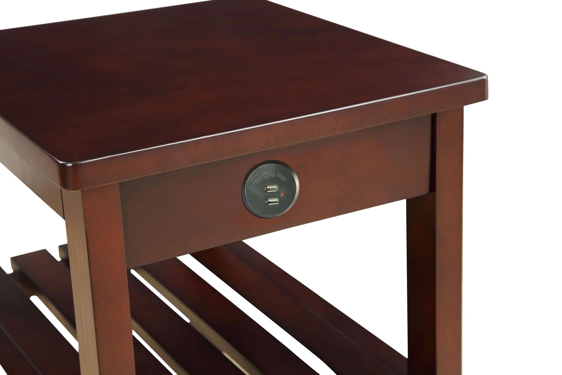 Wooden end table with a USB port on a white background