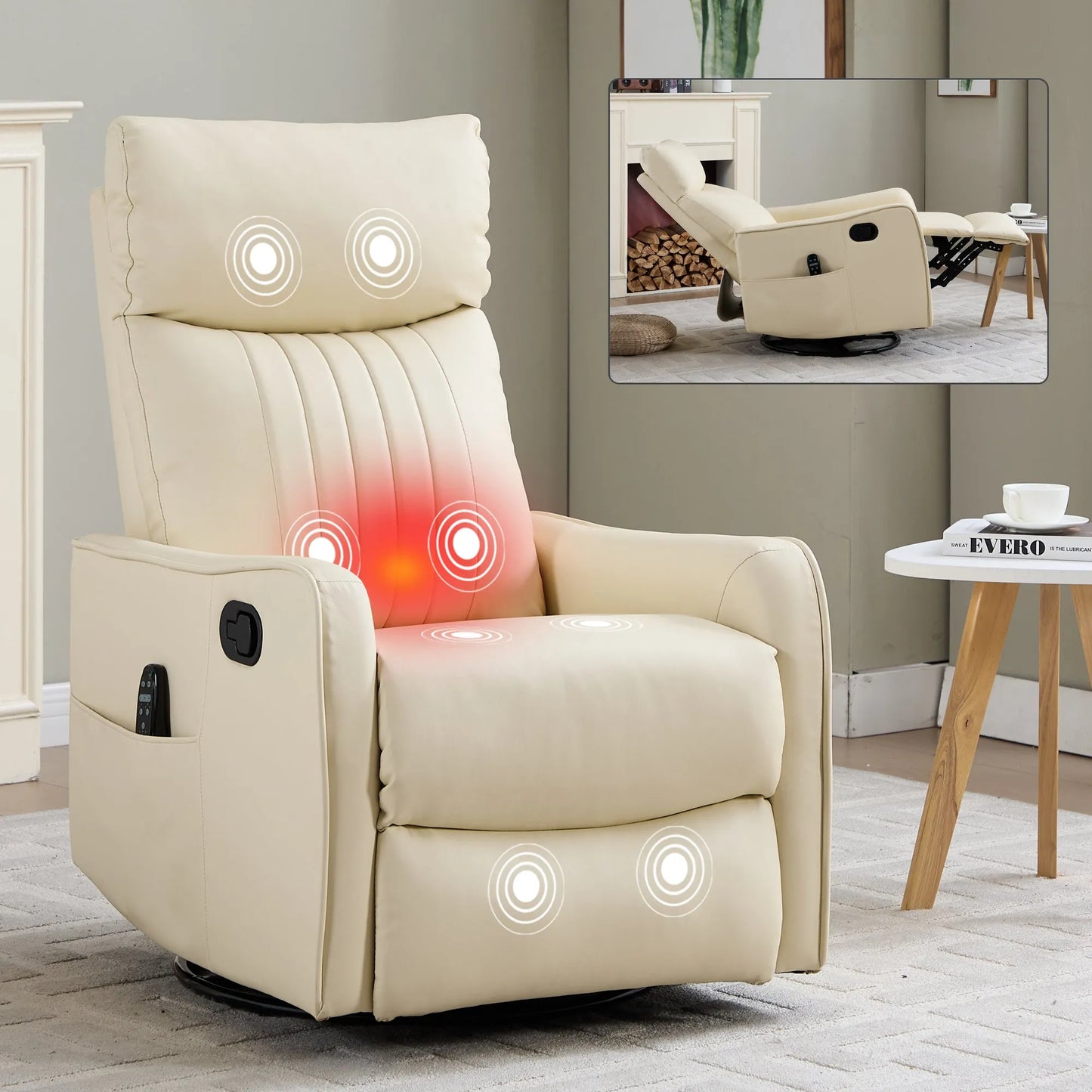 Beige massage chair with illuminated massage points in a room setting.