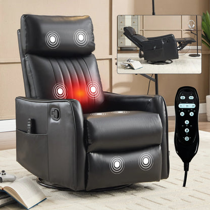 Black massage recliner chair with remote control on a wooden floor.