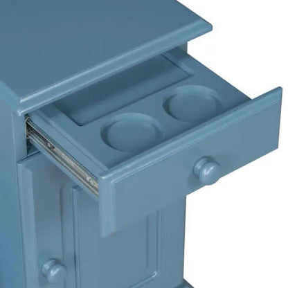 Blue accent table with an open drawer showing hidden features on a white background