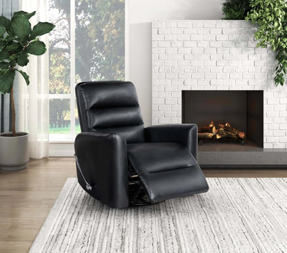 Black recliner chair in a living room with a fireplace and plants.