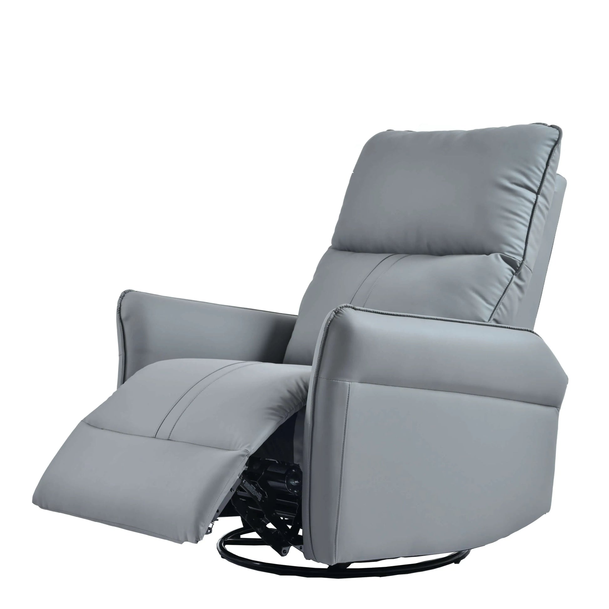 Gray recliner chair partially reclined with a black metal base on a white background