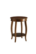 Walnut wood end table with a round top and shelf on a white background