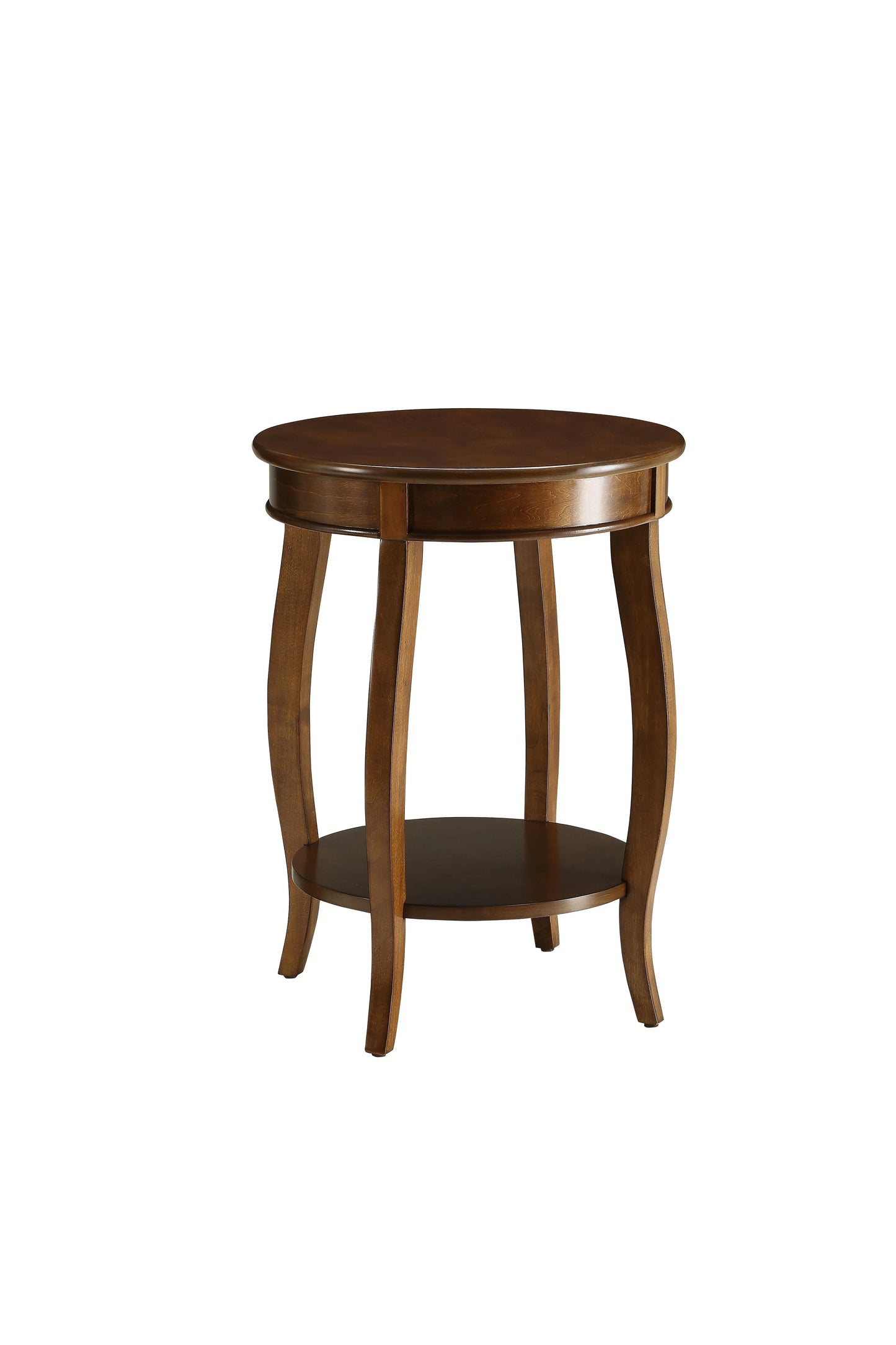 Walnut wood end table with a round top and shelf on a white background