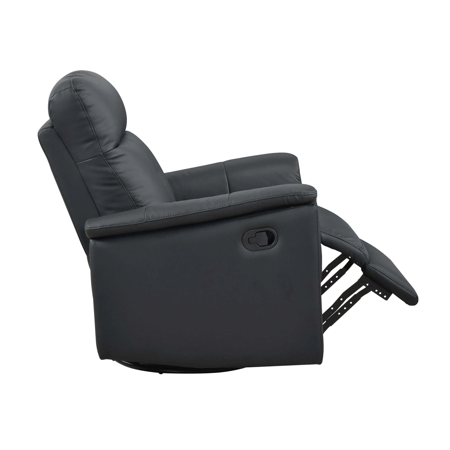 Side view of a black recliner chair with footrest extended on a white background