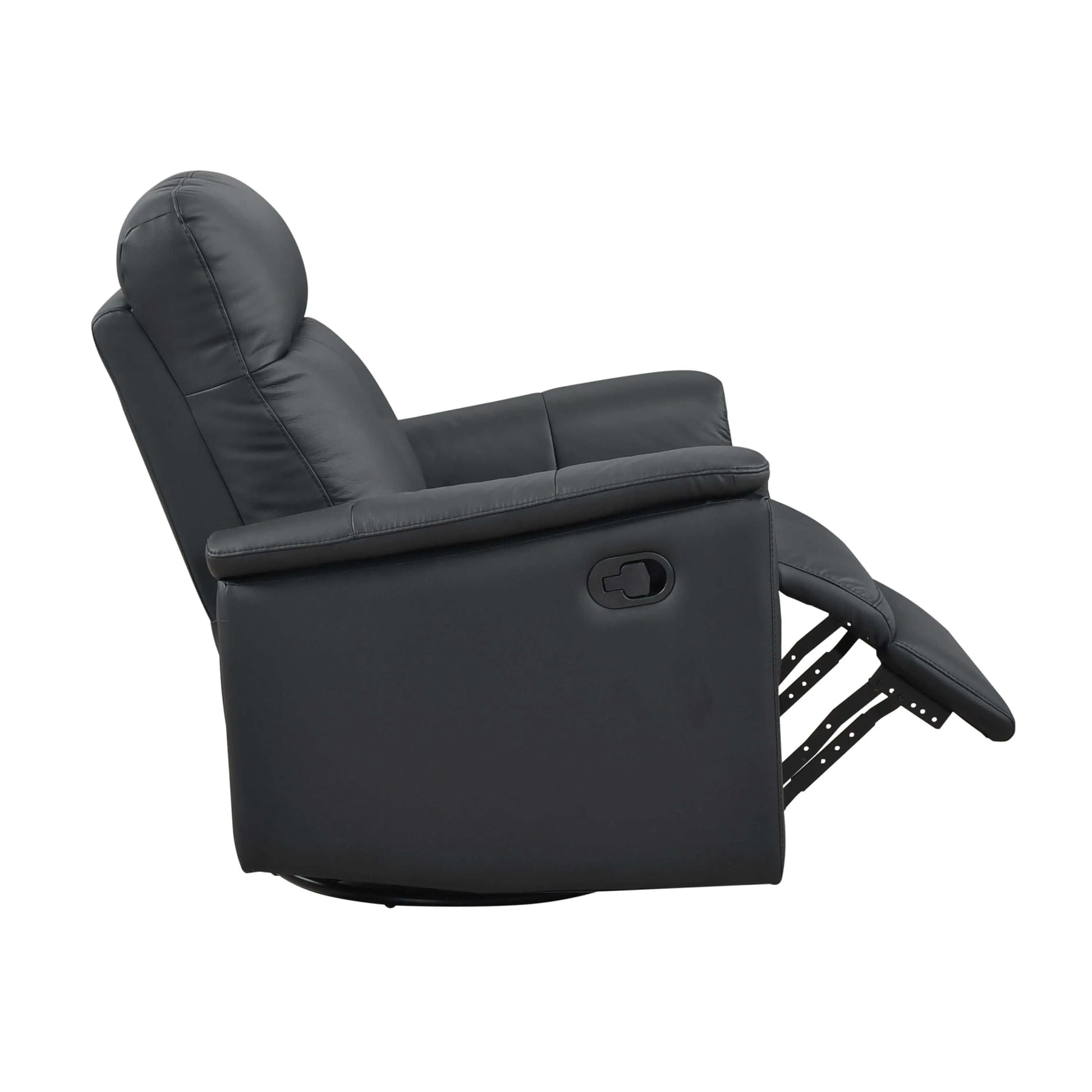 Side view of a black recliner chair with footrest extended on a white background