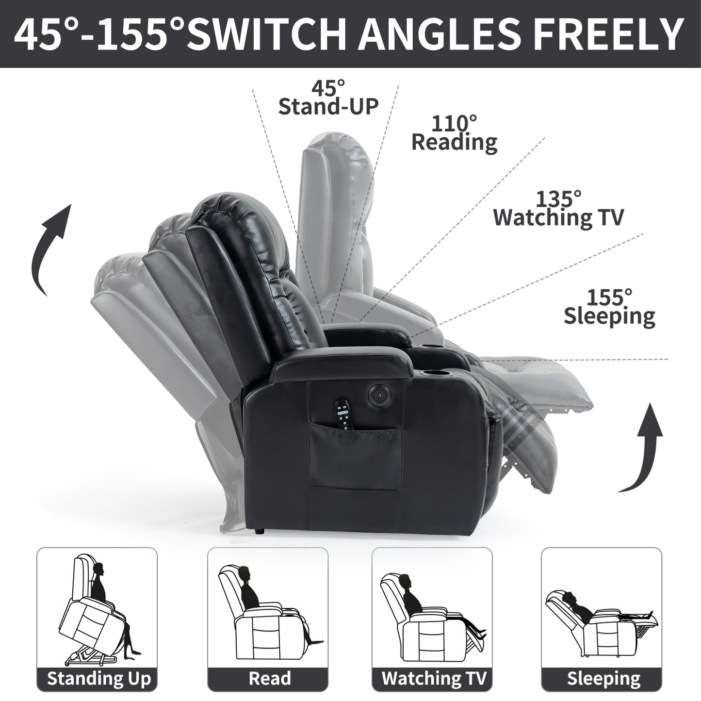 350 LB Power Lift Recliner w/ Massage, Heat, USB & Cup Holders – Black