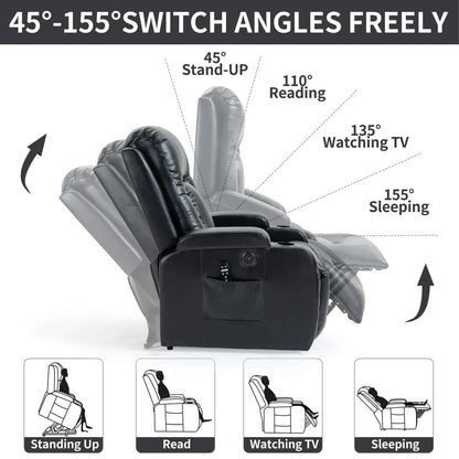 Recliner chair with adjustable angles and usage illustrations on a white background