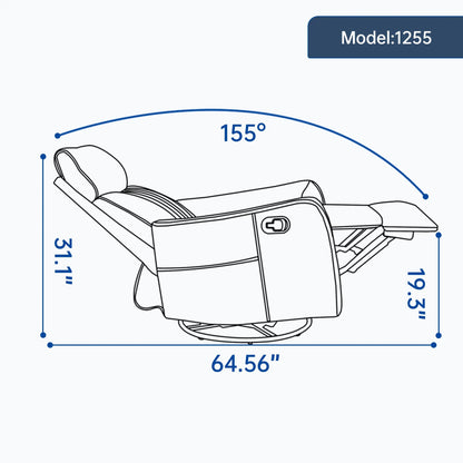 Diagram of a recliner chair in with dimensions labeled in a fully extended position