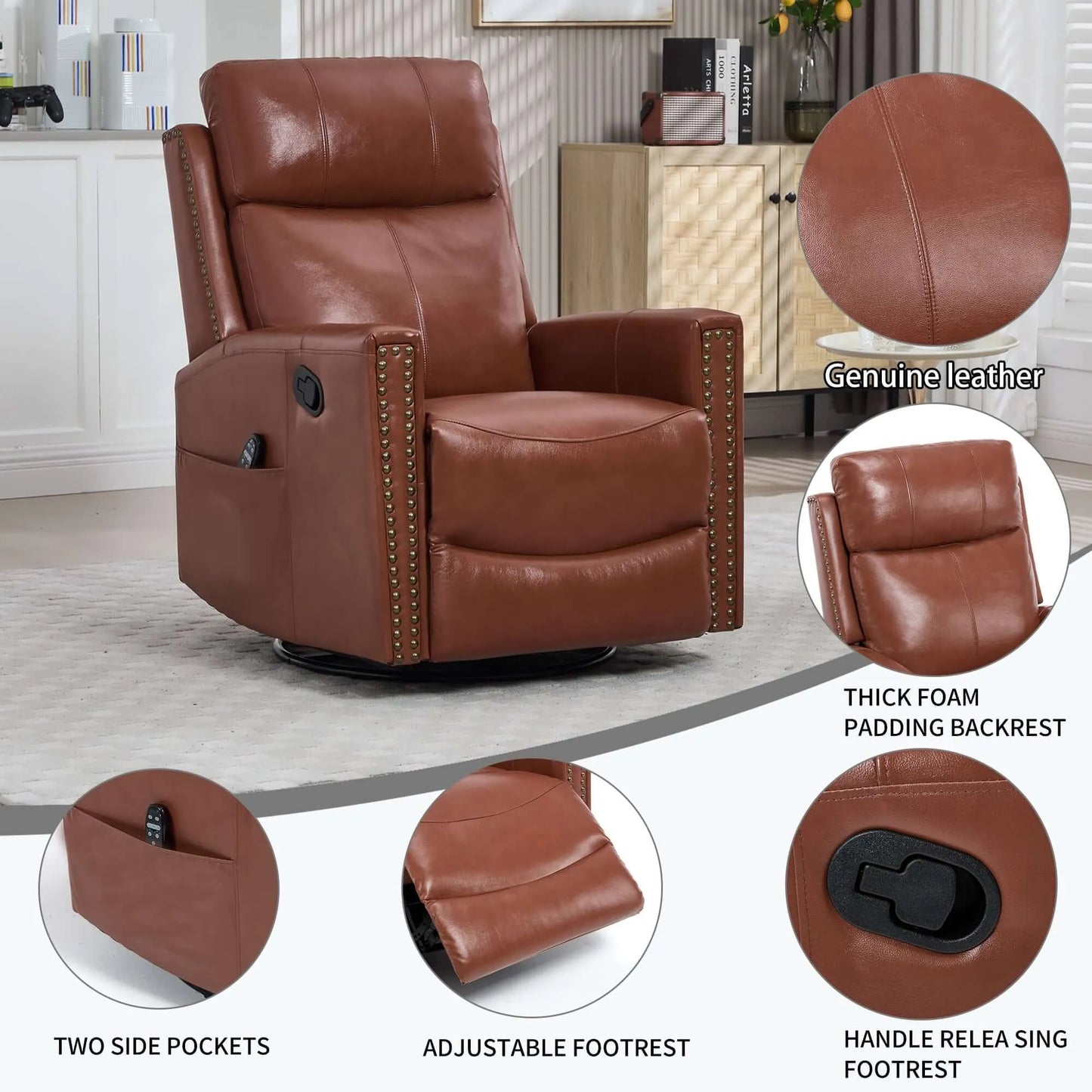 Brown leather recliner chair with features highlighted in a room setting