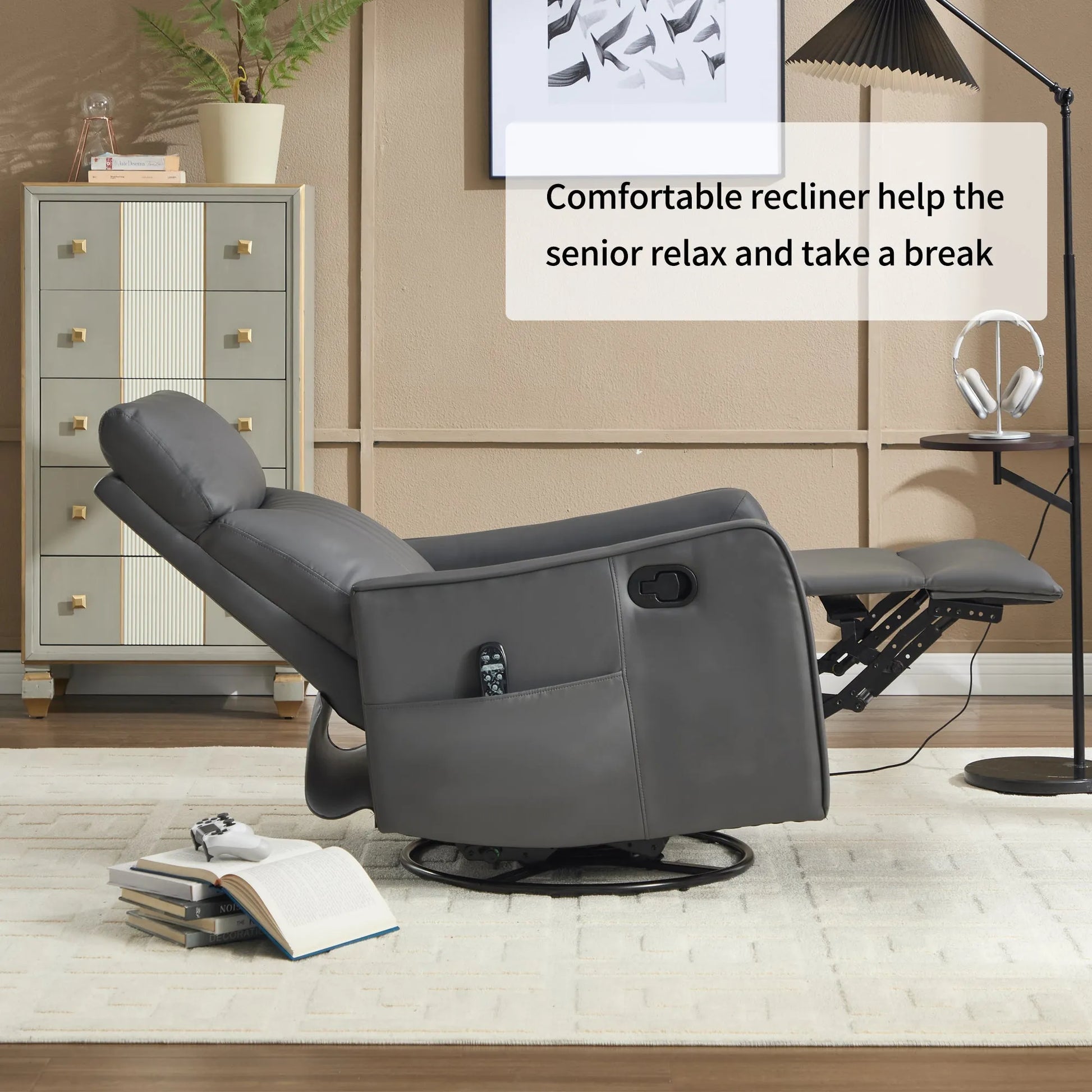 Gray recliner chair in a living room setting with text about its benefits.