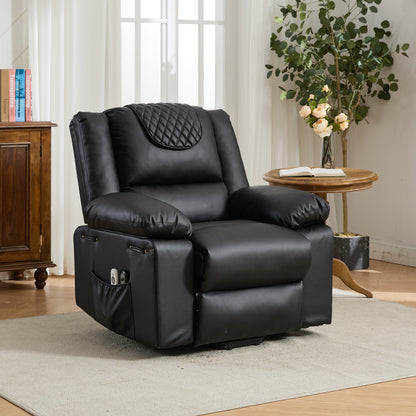 Black leather recliner chair in a living room setting with a side table and books.