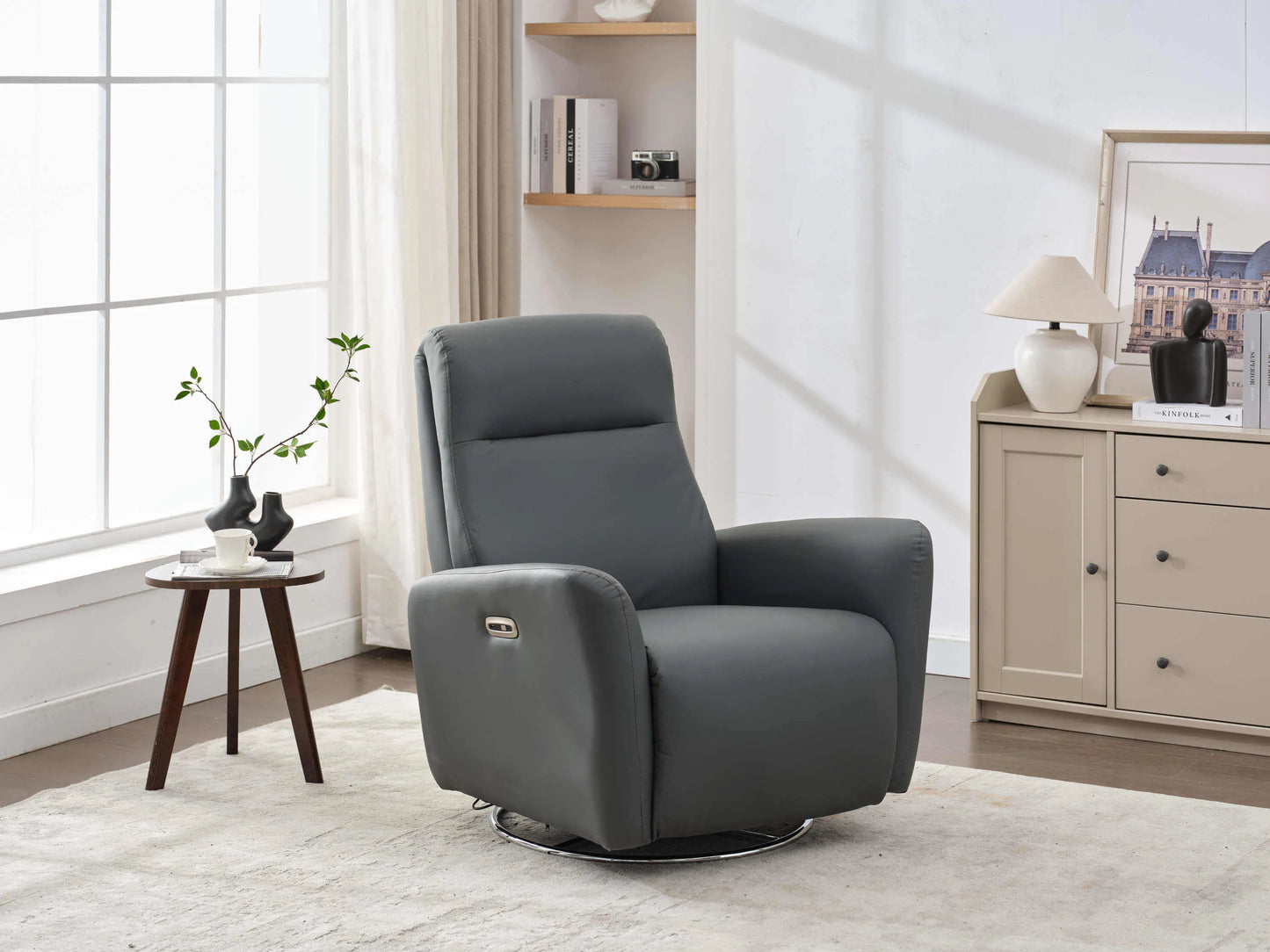 Power Swivel Glider Recliner-Dark Gray - Side view in room