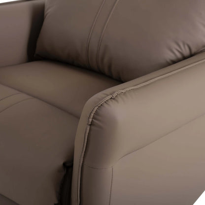 Close-up of a brown leather recliner chair armrest