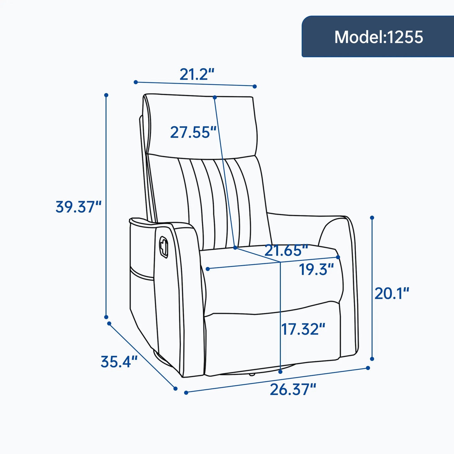 Measurement chart of a recliner chair with dimensions labeled