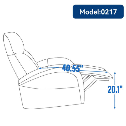 Outline of a recliner chair with measurements in inches on a white background