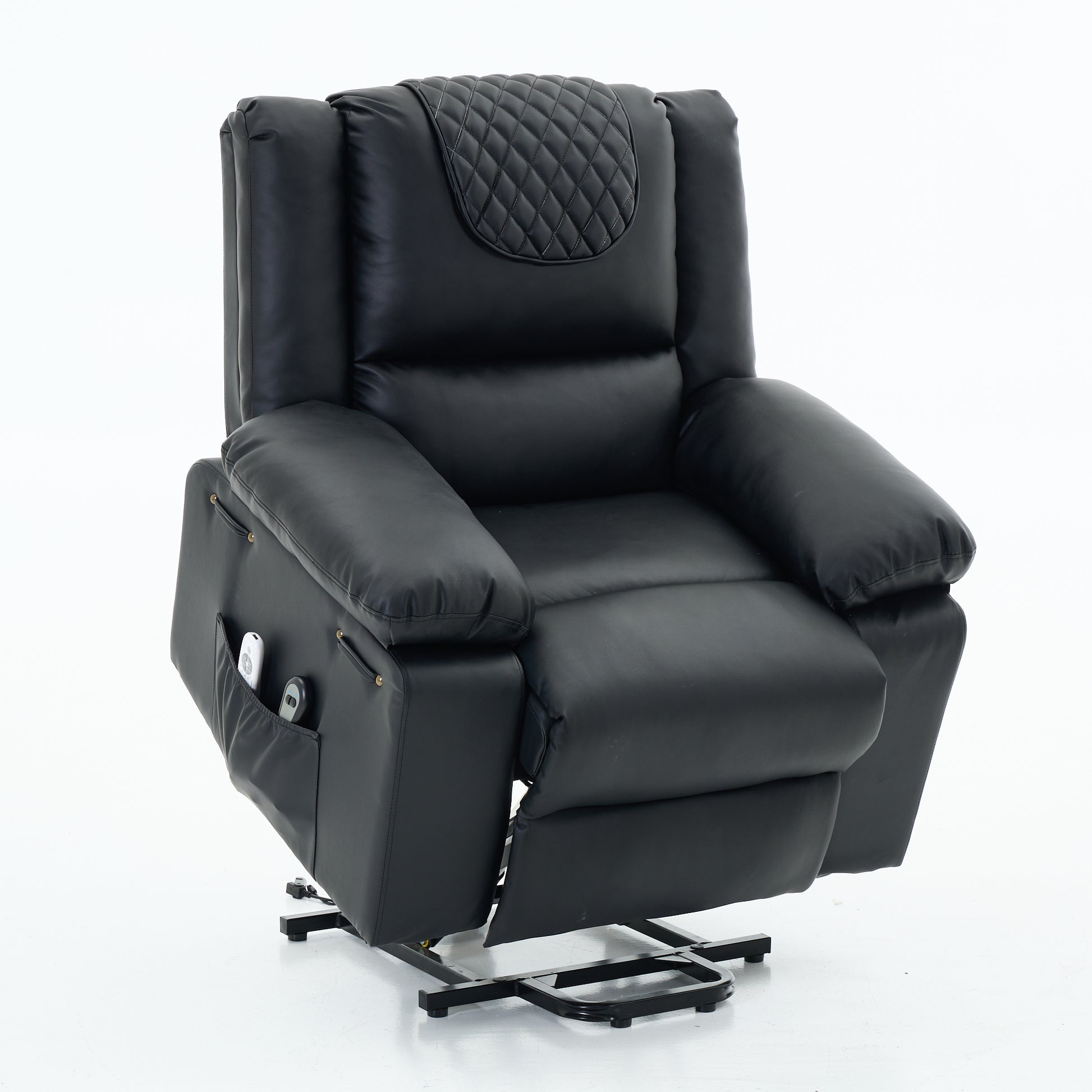 Black leather recliner lift chair with quilted backrest in upright position on a white background