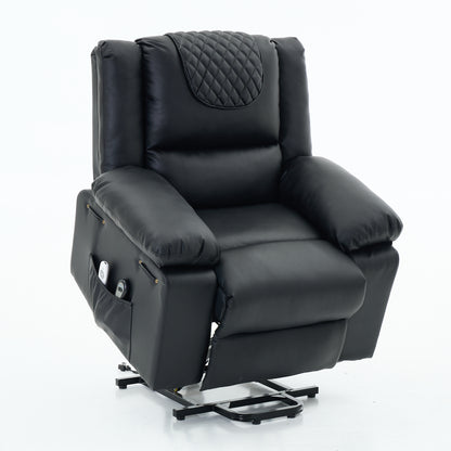 Black leather recliner lift chair with quilted backrest in upright position on a white background