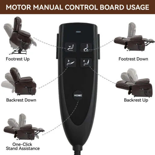 Motor manual control board with buttons for recliner chair functions on a white background.