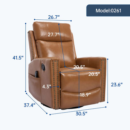 Brown leather recliner chair with dimensions labeled on a white background