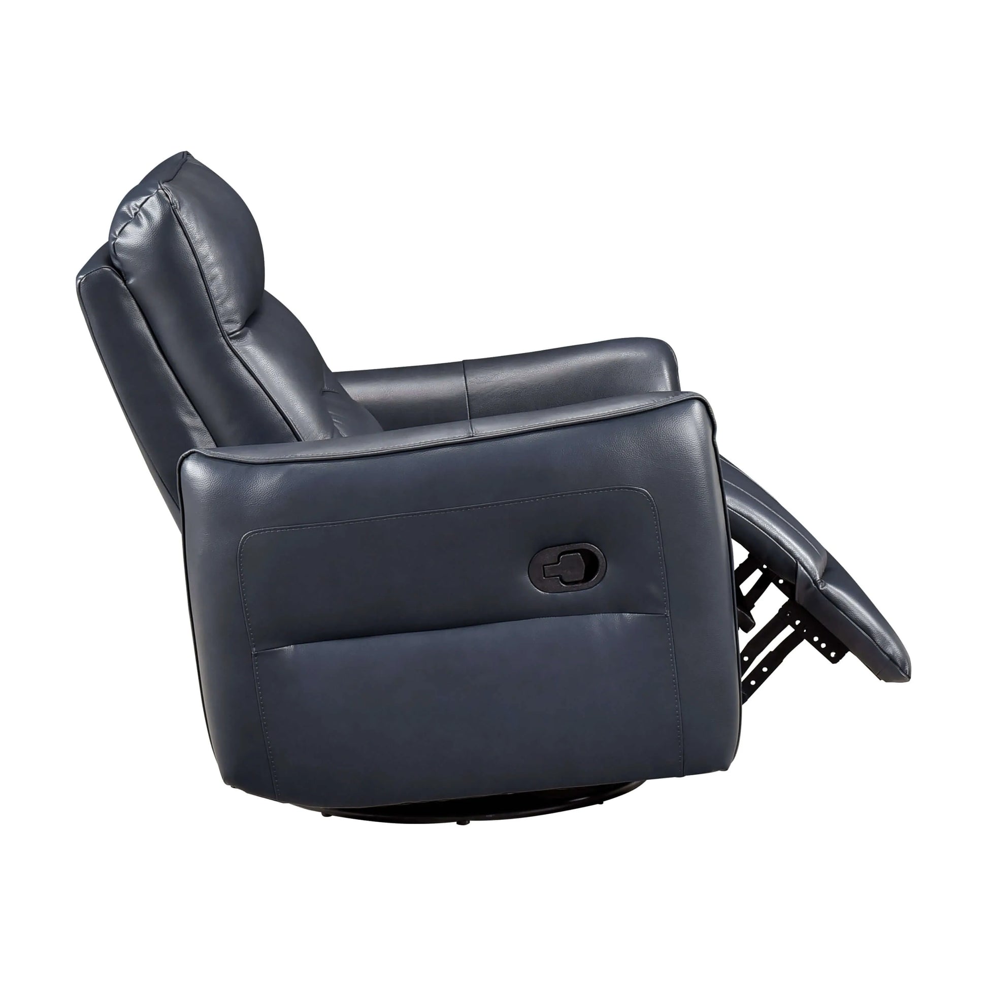 Side view of a blue leather recliner chair with manual pull handle and footrest partially extended on a white background