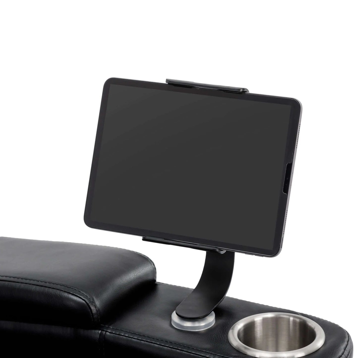 Black tablet holder on a leather recliner chair with cup holder