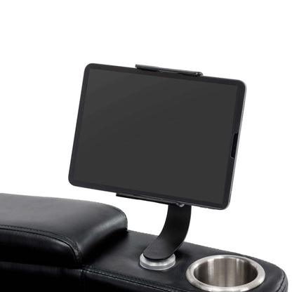 Black tablet holder on a leather recliner chair with cup holder