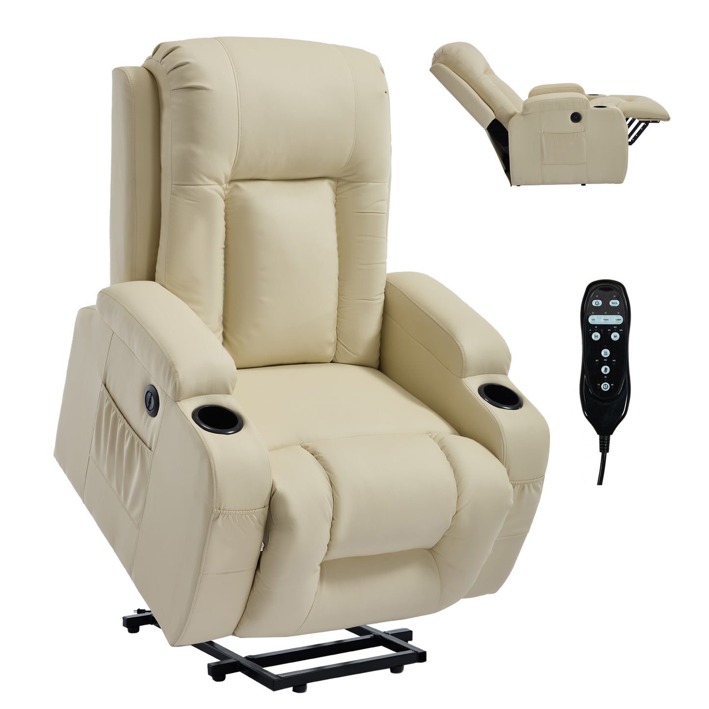 350 LB Power Lift Recliner w/ Massage, Heat, USB, Cup Holders-Beige