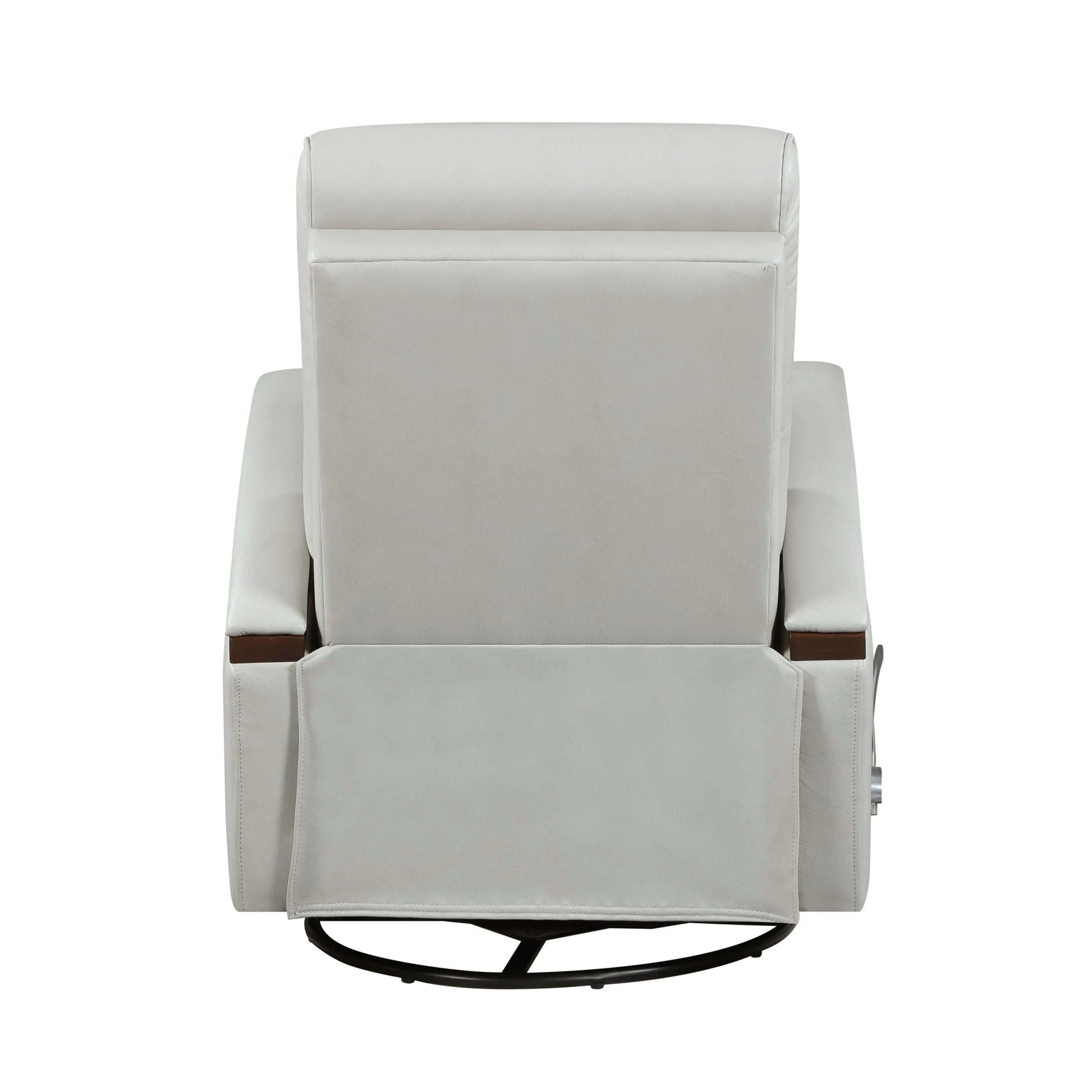 Back side of a gray recliner chair on a white background
