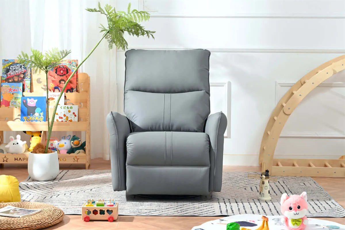 Gray recliner chair in a room with toys and a plant