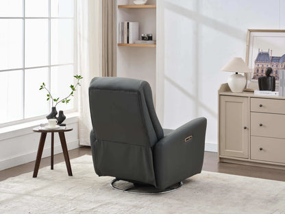 Power Swivel Glider Recliner-Dark Gray back view angled to show recliner chair controls in a small room