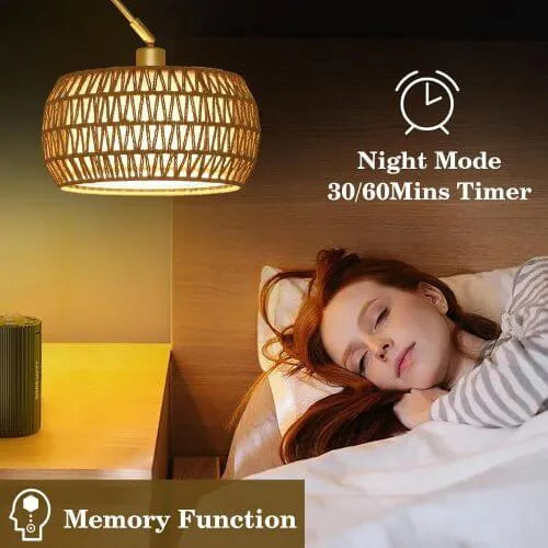 Woman lying in bed with a night light and text about night mode and timer functions.