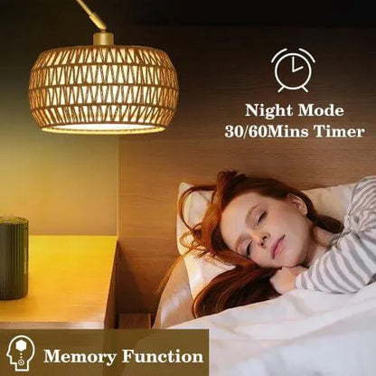 Woman lying in bed with a night light and text about night mode and timer functions.