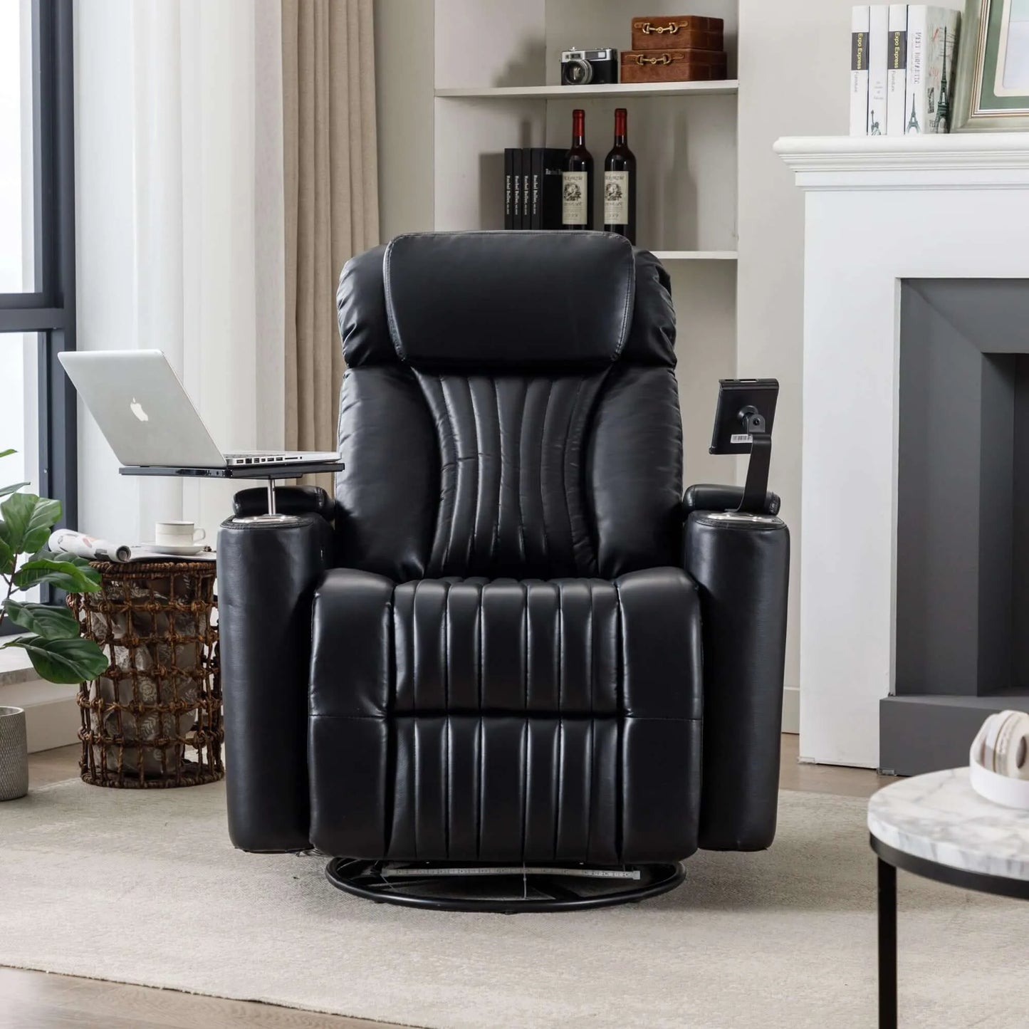 Black leather recliner theater chair in a living room setting with a fireplace and bookshelf.