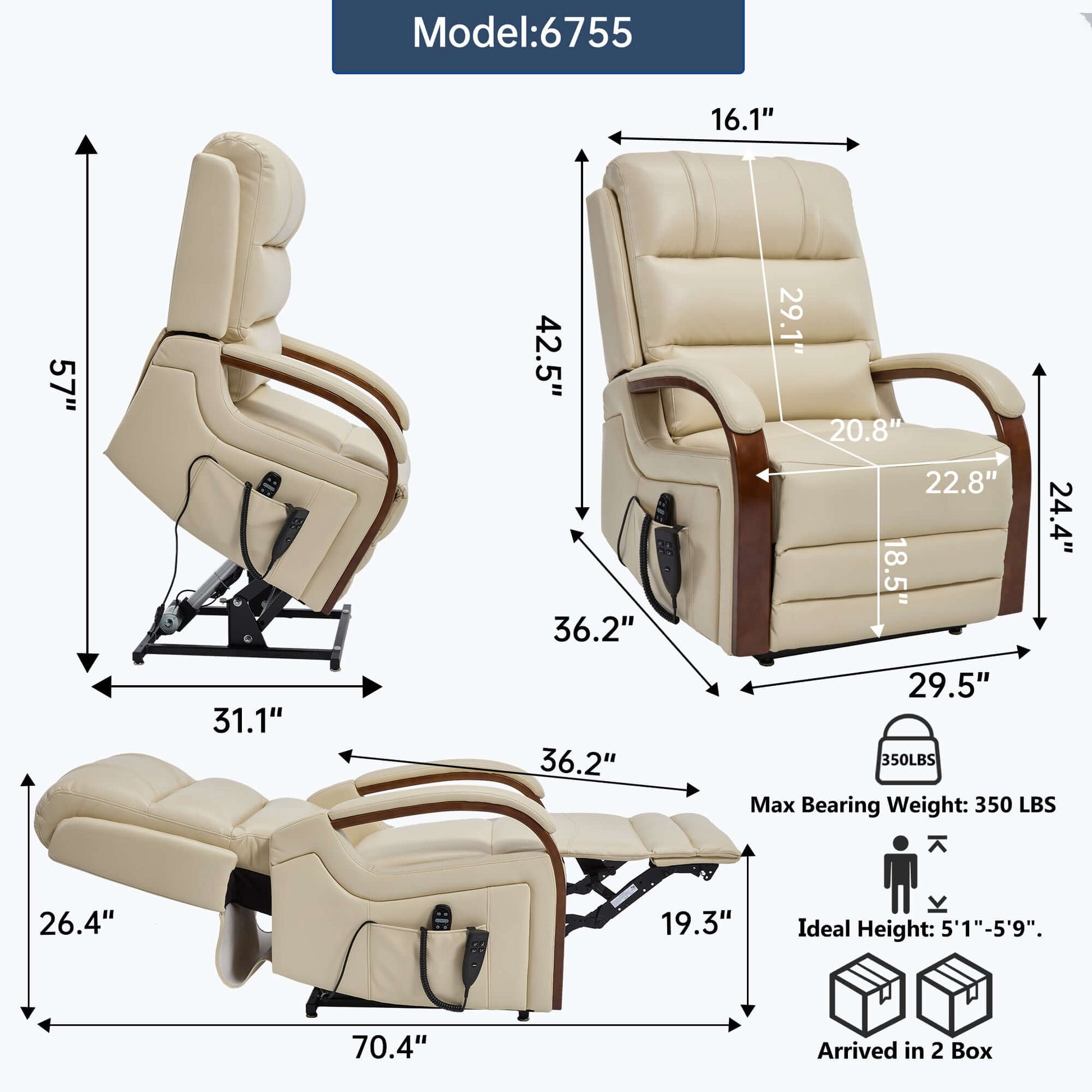 Beige faux leather recliner chair with detailed dimensions on a white background