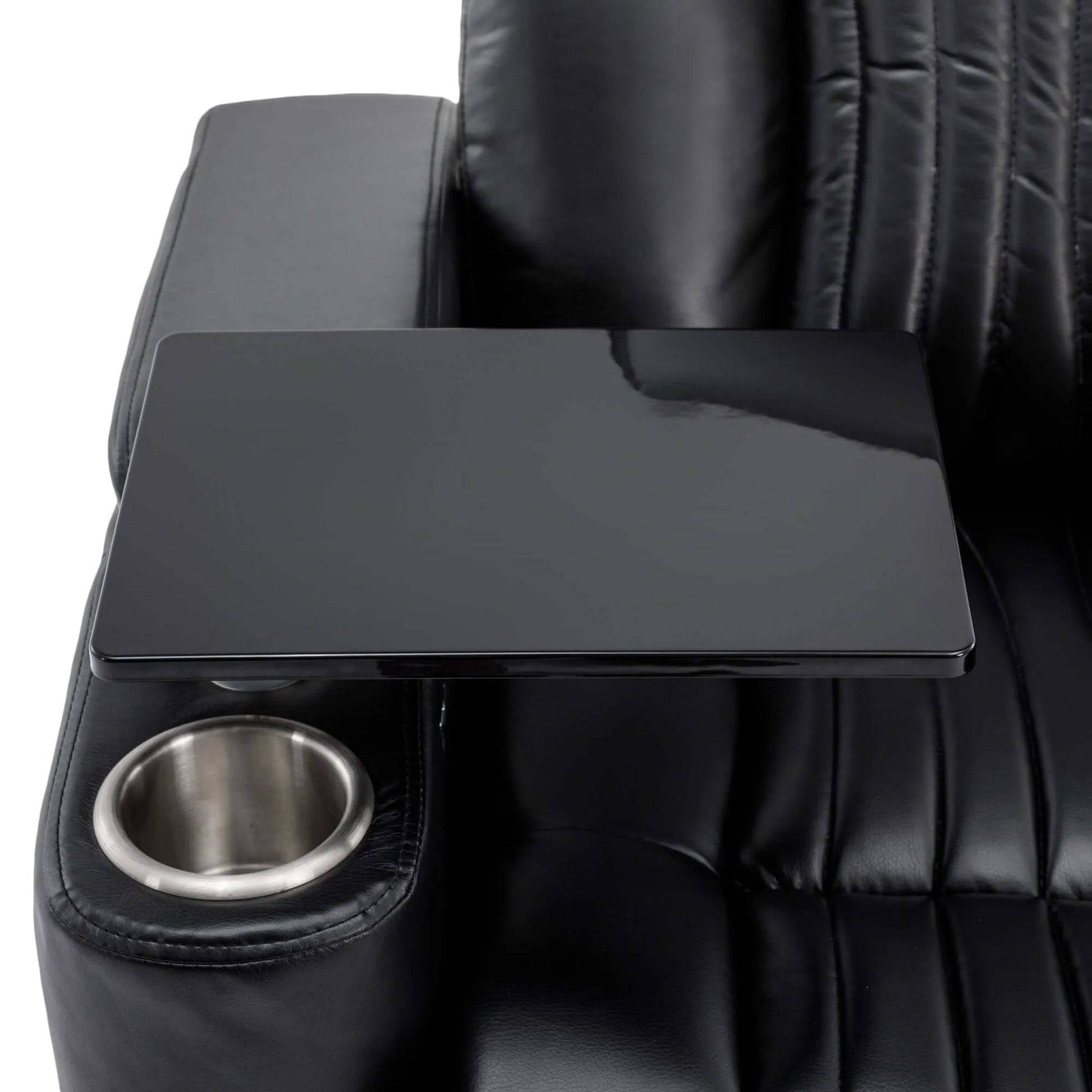 Black recliner chair with an extendable tray and cup holder.