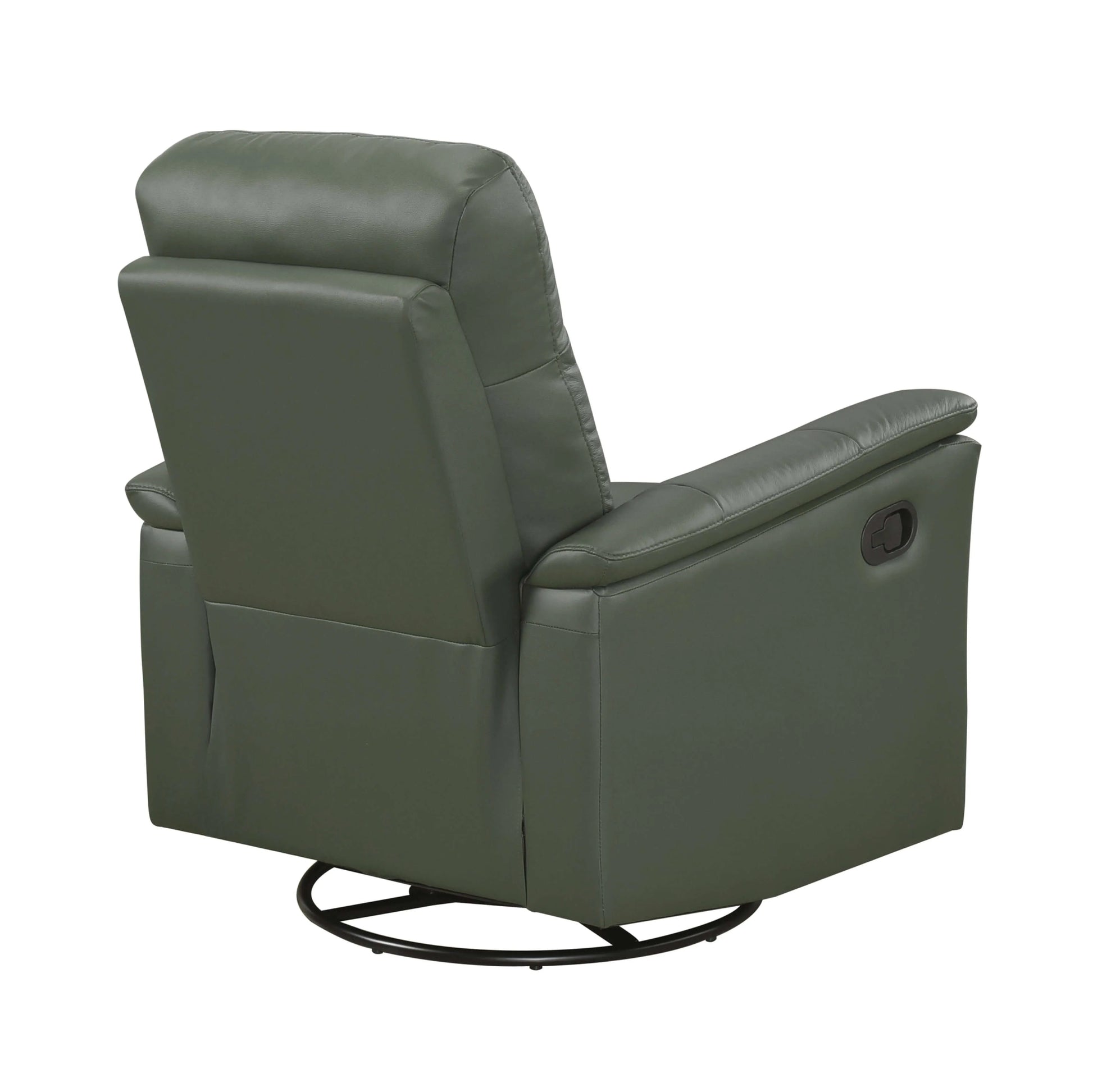 Back angled view of a green leather swivel glider recliner chair with pull tab on a white background